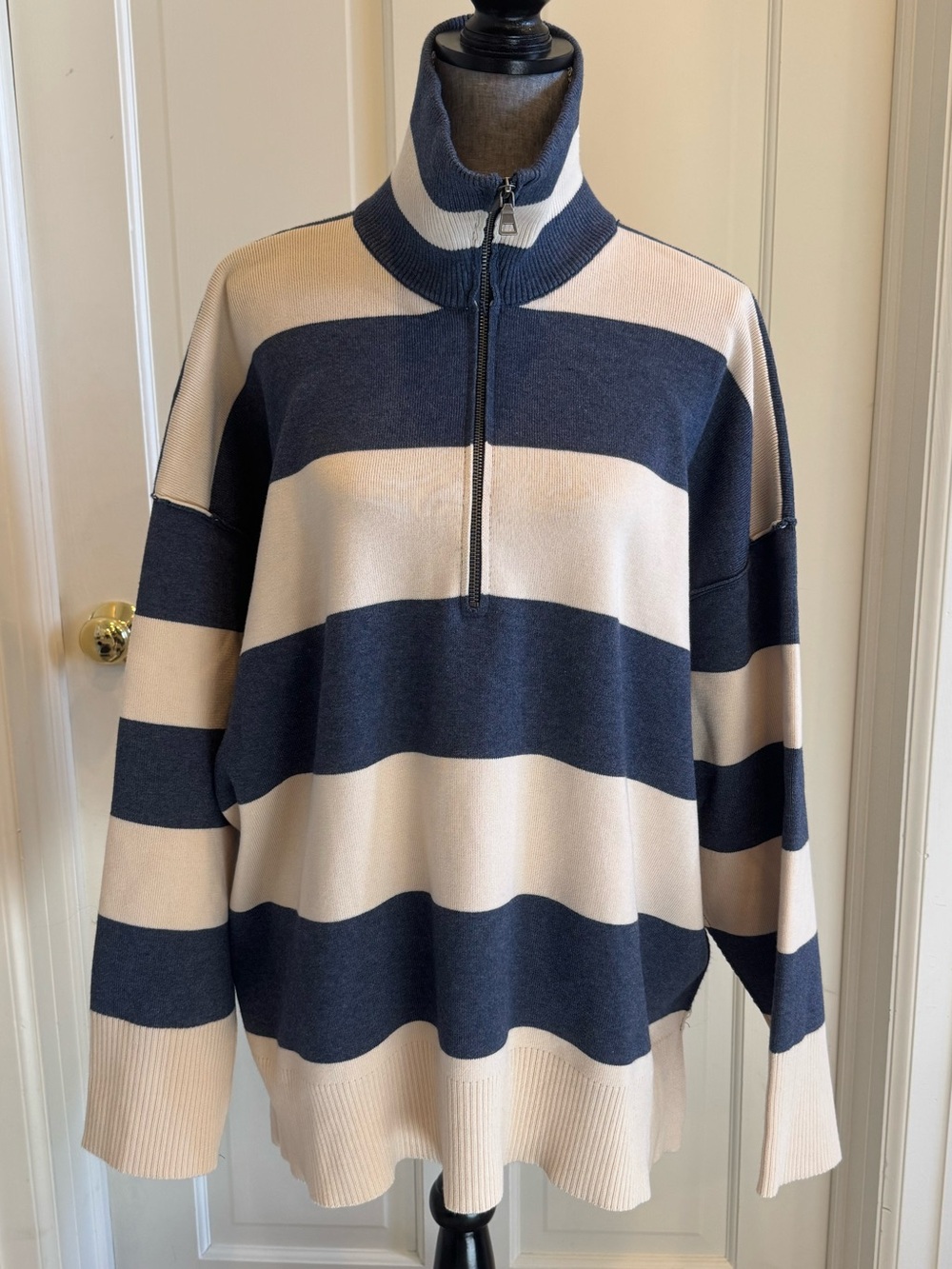 AS Revival Striped Half-Zip Knit Sweater - Navy & Cream
